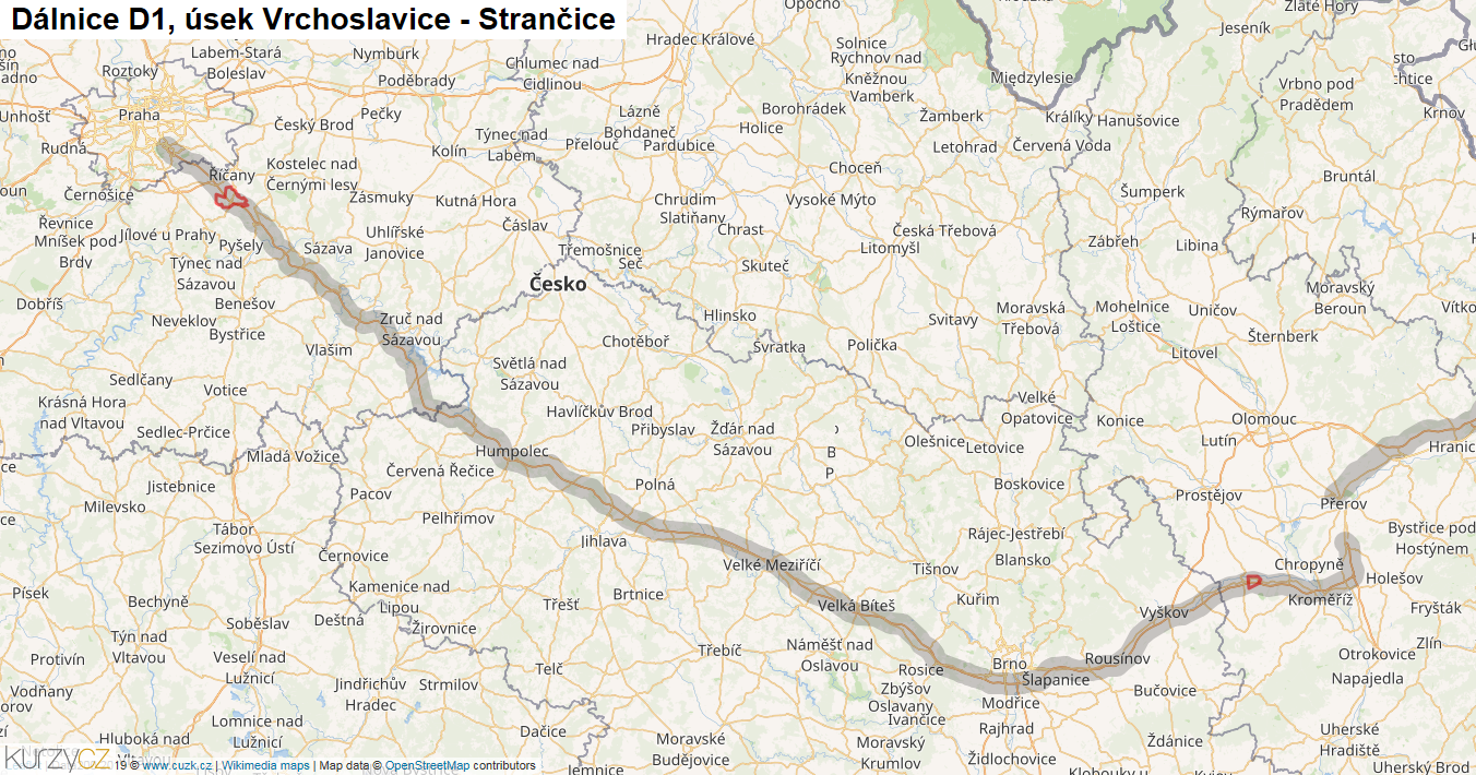 Úsek Vrchoslavice - Strančice, Dálnice D1 - Mapa