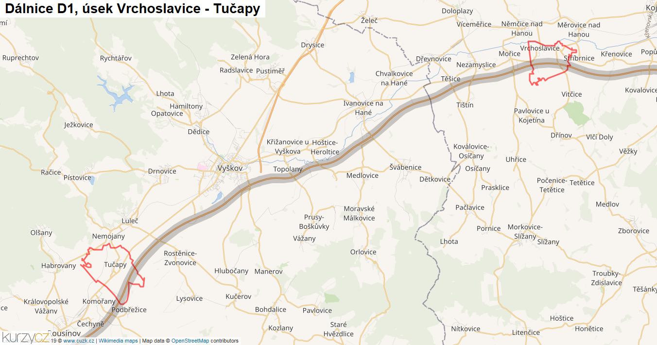 Úsek Vrchoslavice - Tučapy, Dálnice D1 - Mapa