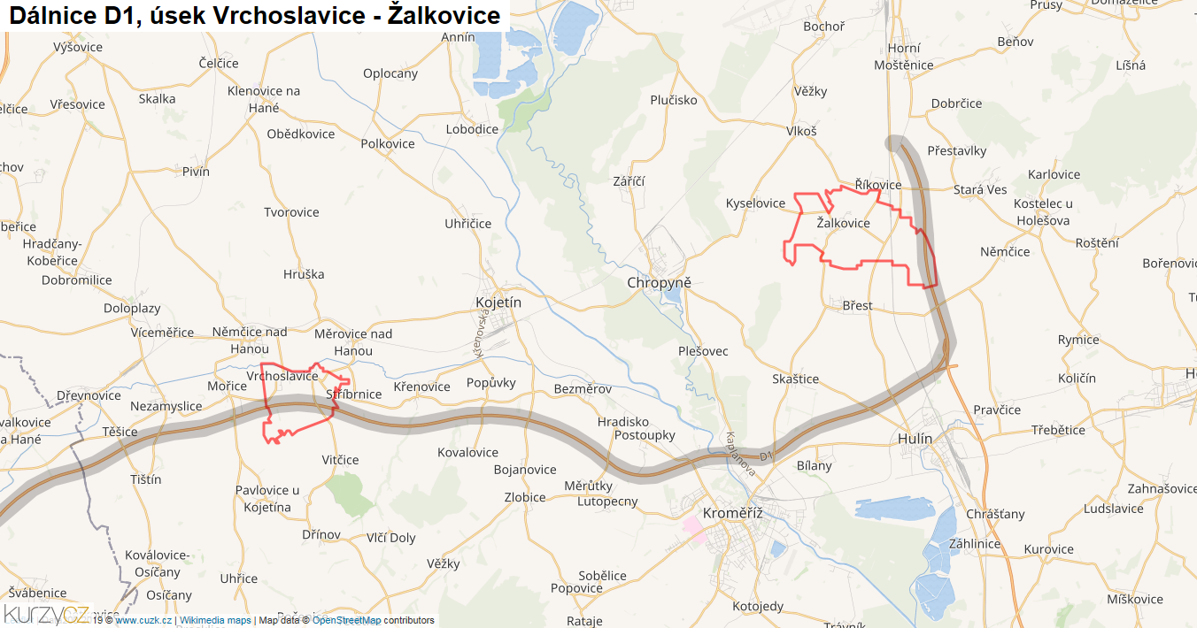 Úsek Vrchoslavice - Žalkovice, Dálnice D1 - Mapa