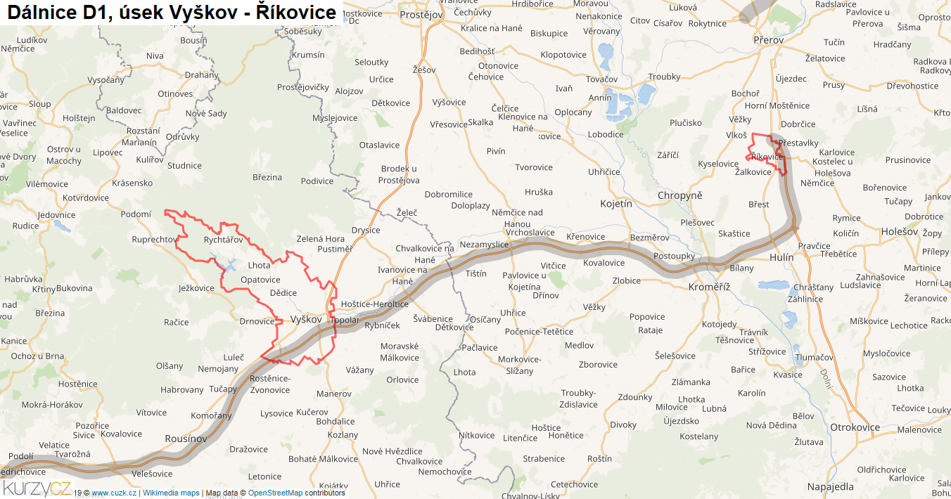 Úsek Vyškov - Říkovice, Dálnice D1 - Mapa