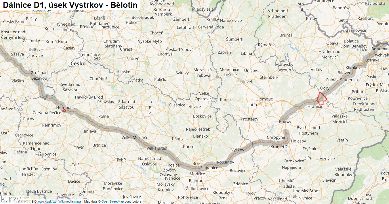 Úsek Vystrkov - Bělotín, Dálnice D1 - Mapa