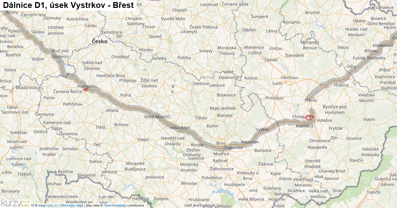 Úsek Vystrkov - Břest, Dálnice D1 - Mapa