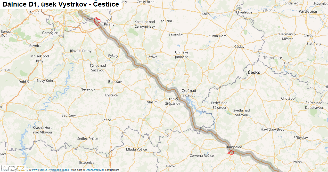 Úsek Vystrkov - Čestlice, Dálnice D1 - Mapa