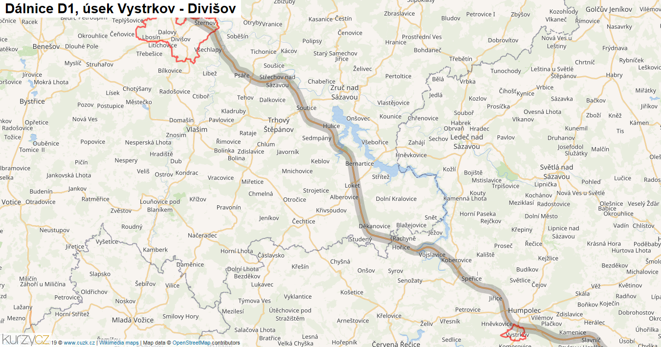 Úsek Vystrkov - Divišov, Dálnice D1 - Mapa