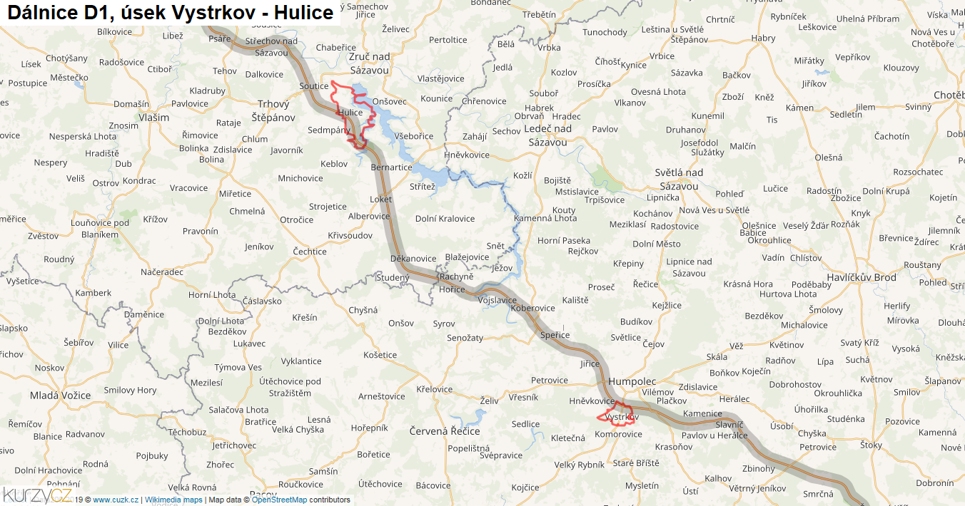 Úsek Vystrkov - Hulice, Dálnice D1 - Mapa