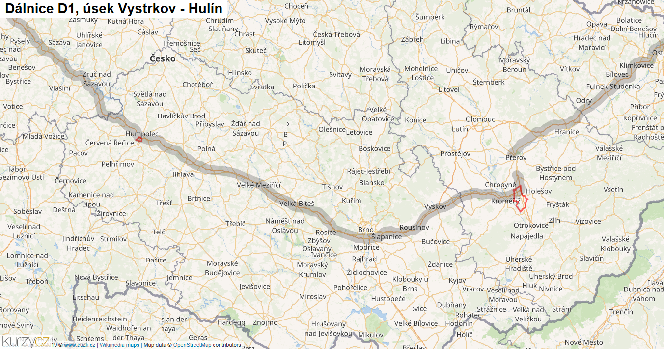 Úsek Vystrkov - Hulín, Dálnice D1 - Mapa