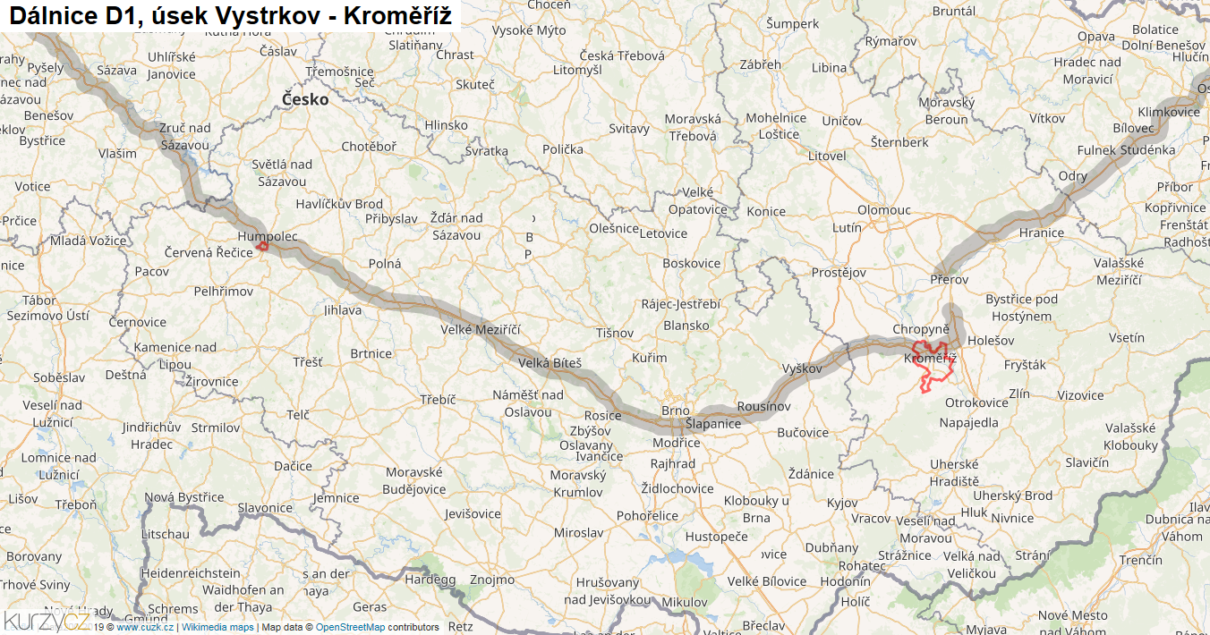 Úsek Vystrkov - Kroměříž, Dálnice D1 - Mapa