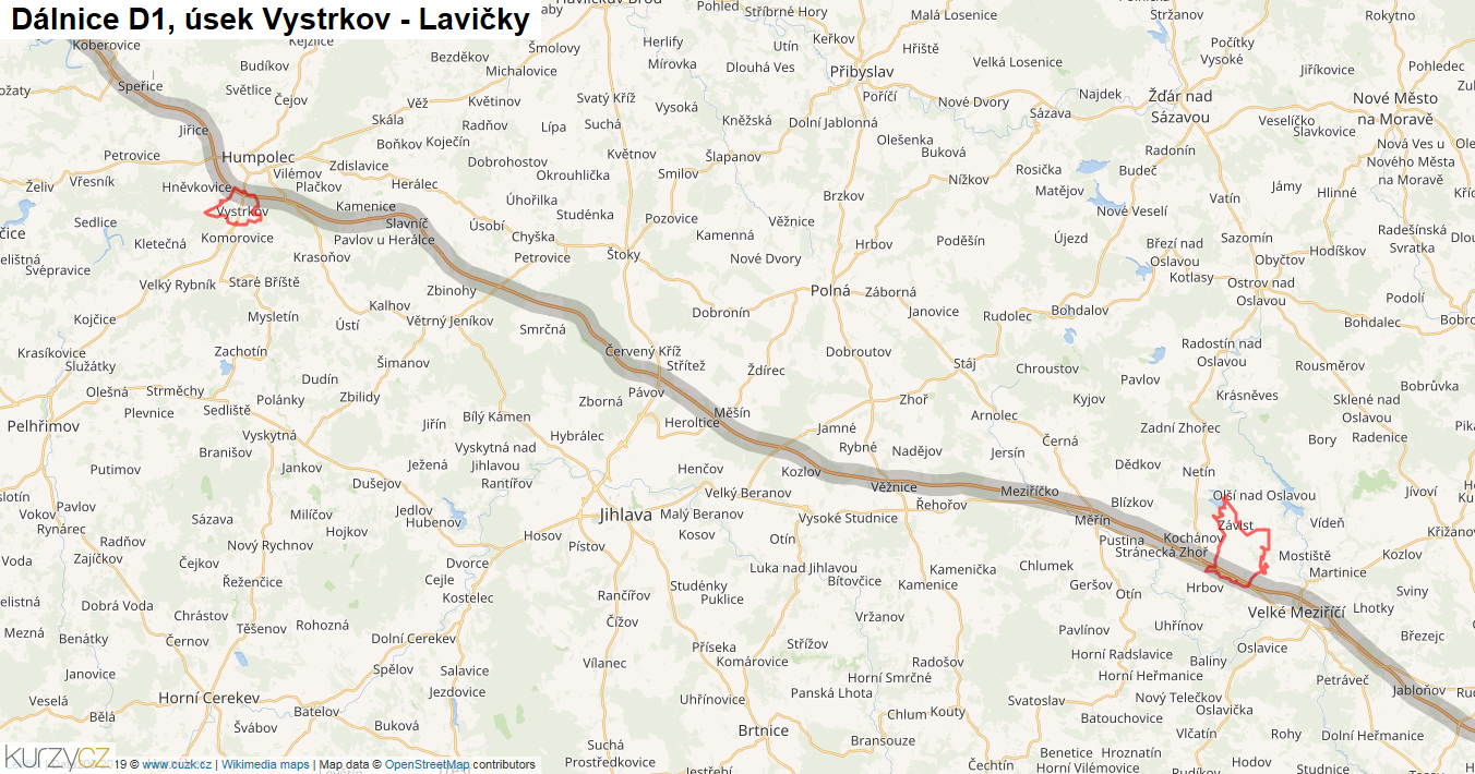 Úsek Vystrkov - Lavičky, Dálnice D1 - Mapa