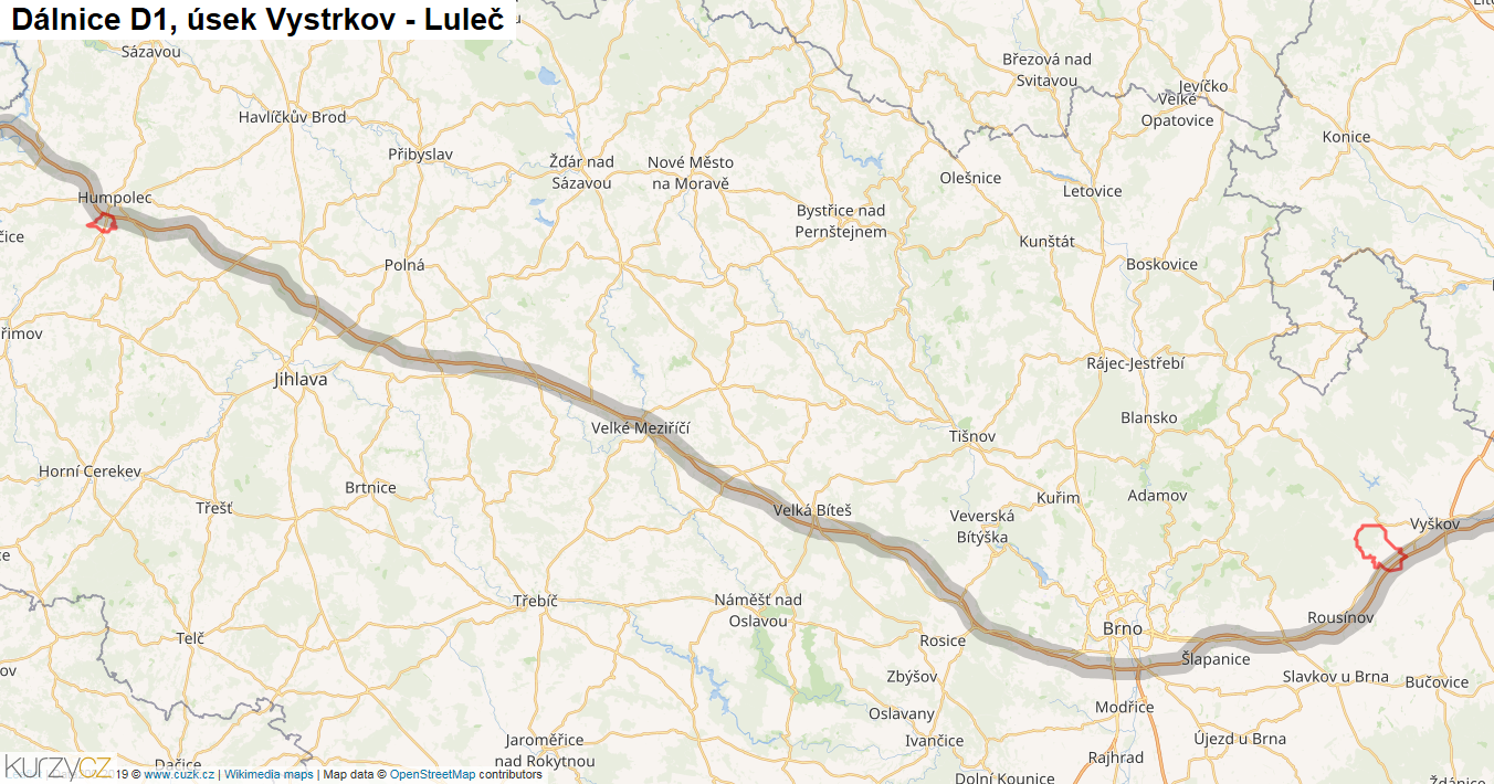 Úsek Vystrkov - Luleč, Dálnice D1 - Mapa