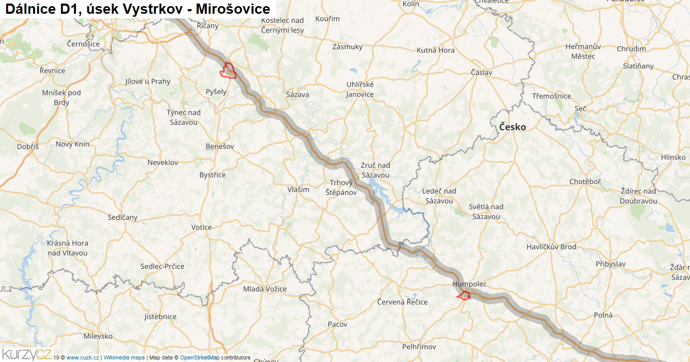 Úsek Vystrkov - Mirošovice, Dálnice D1 - Mapa