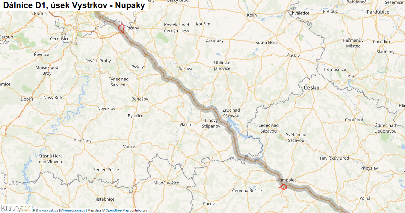 Úsek Vystrkov - Nupaky, Dálnice D1 - Mapa