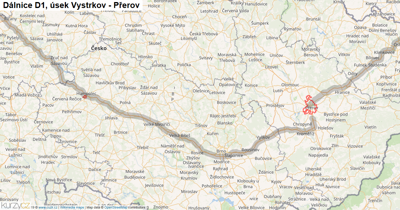 Úsek Vystrkov - Přerov, Dálnice D1 - Mapa