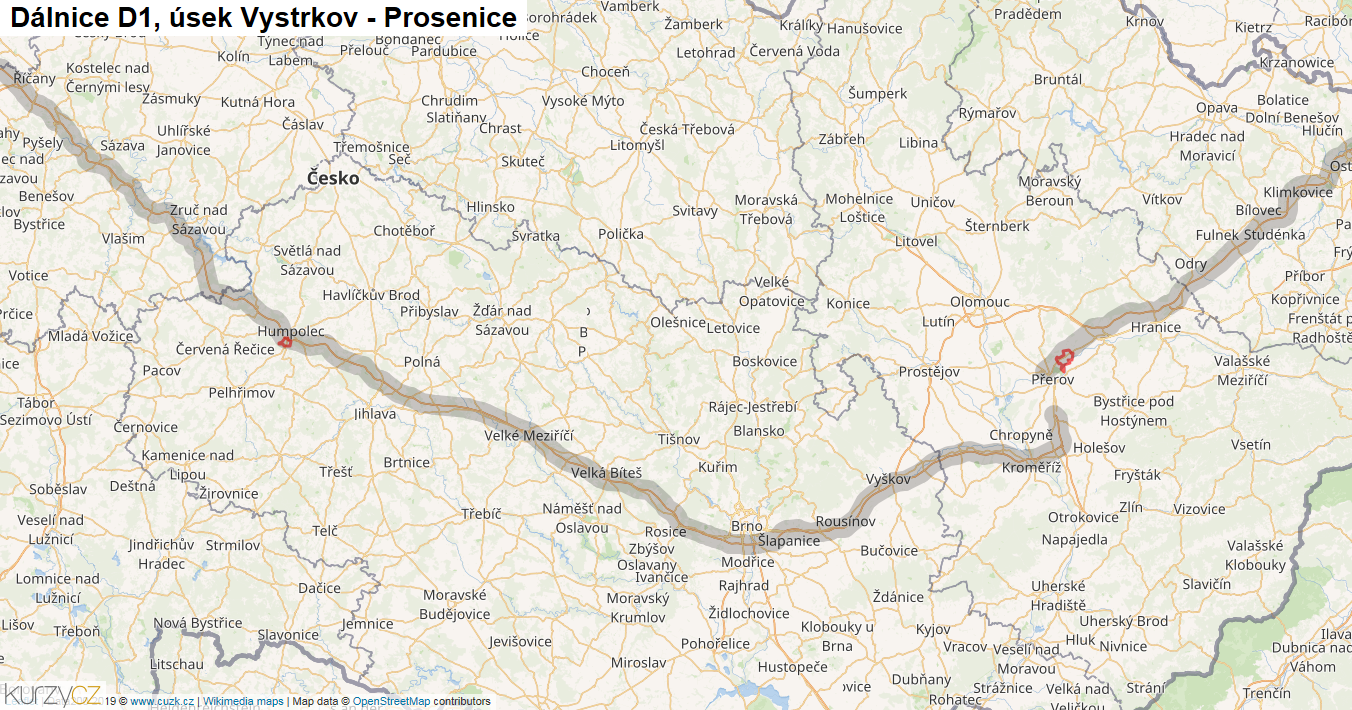 Úsek Vystrkov - Prosenice, Dálnice D1 - Mapa