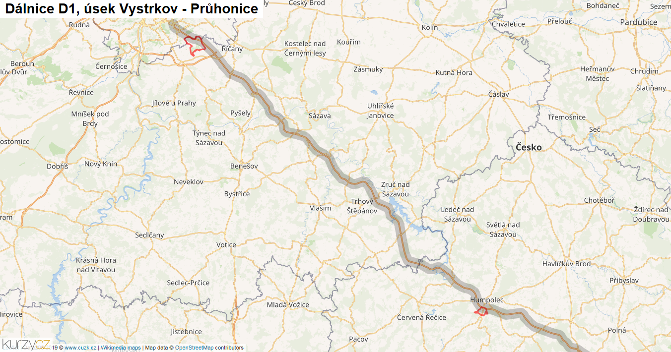 Úsek Vystrkov - Průhonice, Dálnice D1 - Mapa