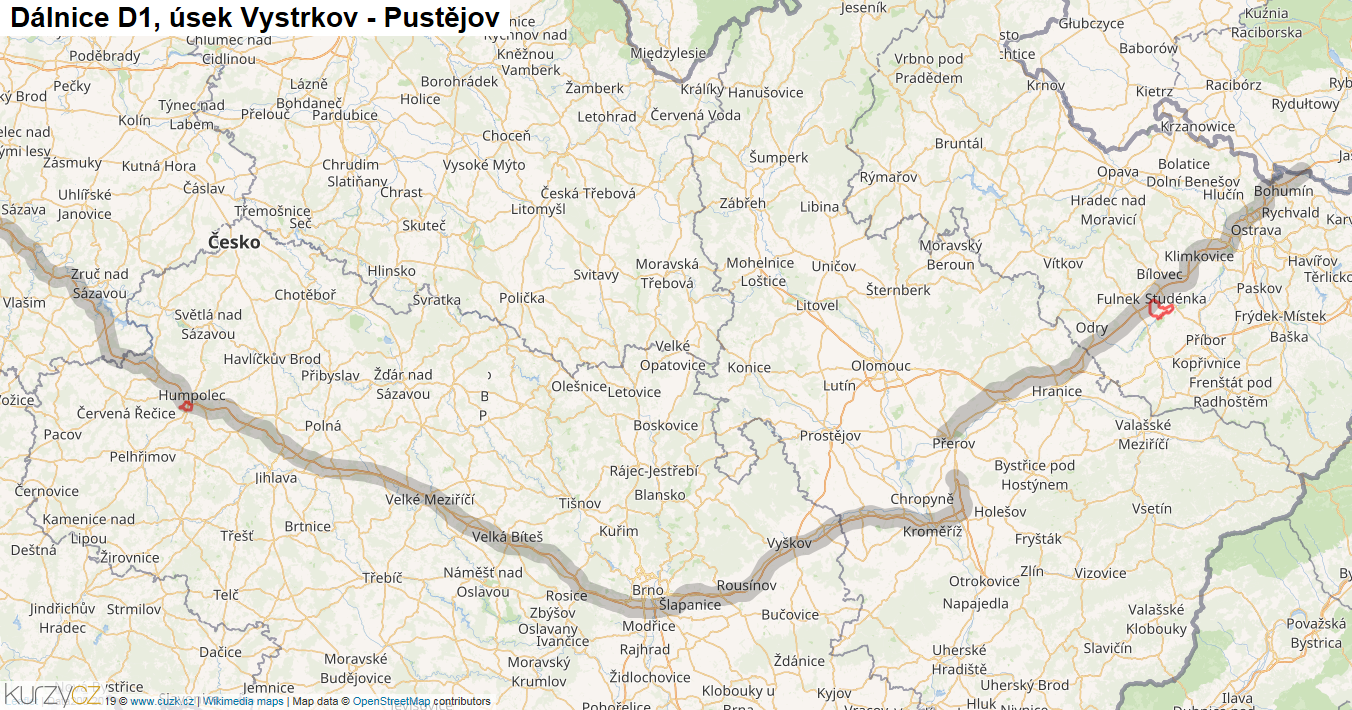 Úsek Vystrkov - Pustějov, Dálnice D1 - Mapa