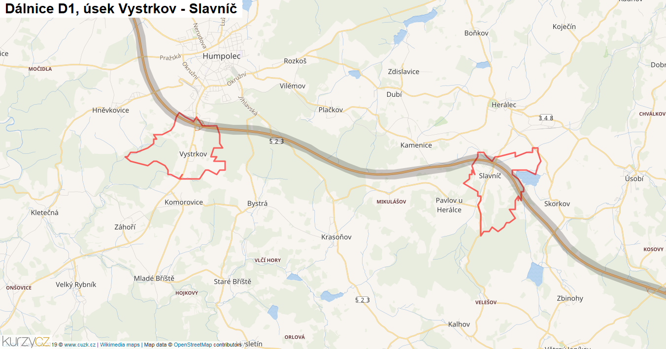 Úsek Vystrkov - Slavníč, Dálnice D1 - Mapa