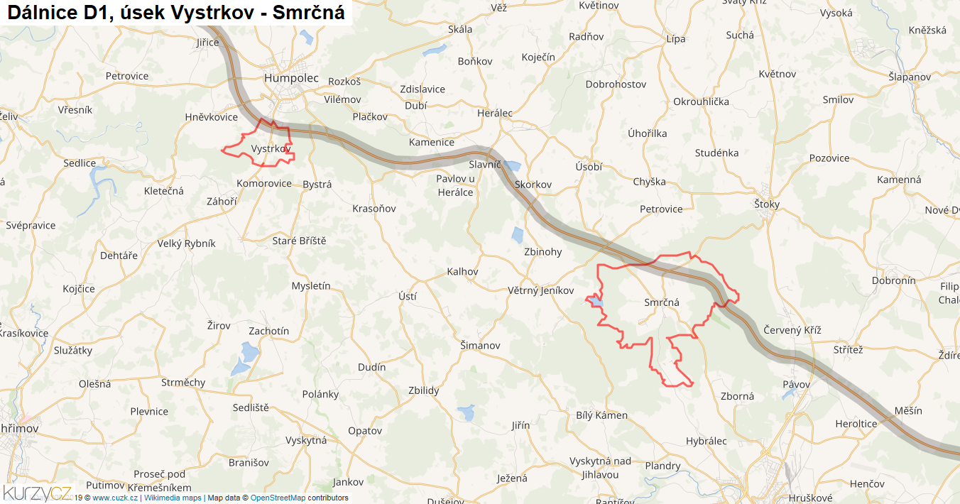 Úsek Vystrkov - Smrčná, Dálnice D1 - Mapa