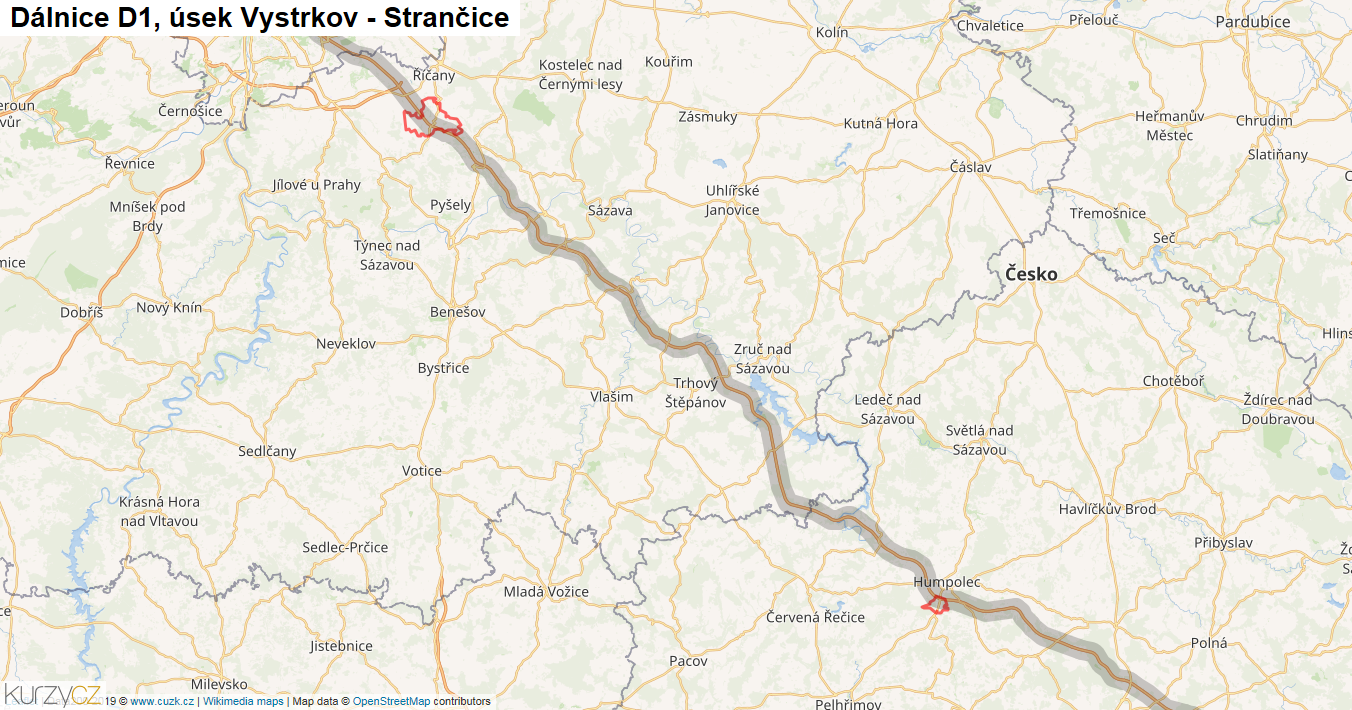 Úsek Vystrkov - Strančice, Dálnice D1 - Mapa