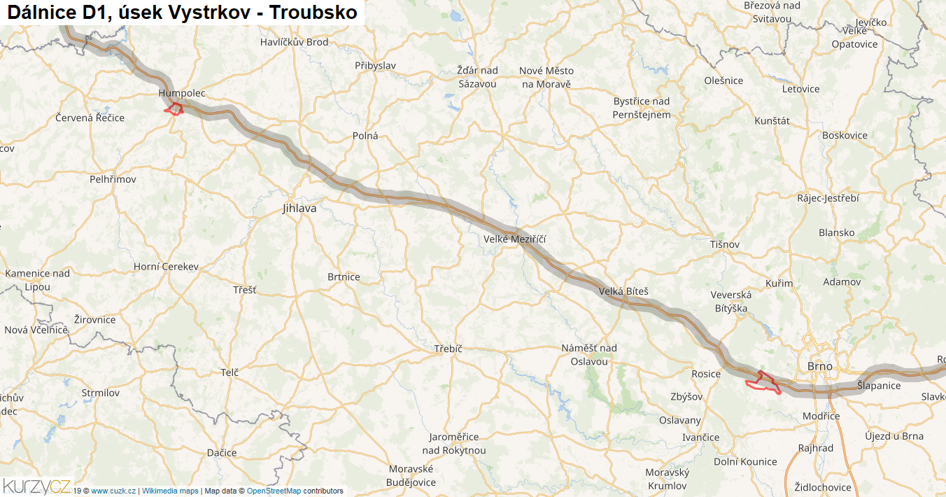 Úsek Vystrkov - Troubsko, Dálnice D1 - Mapa