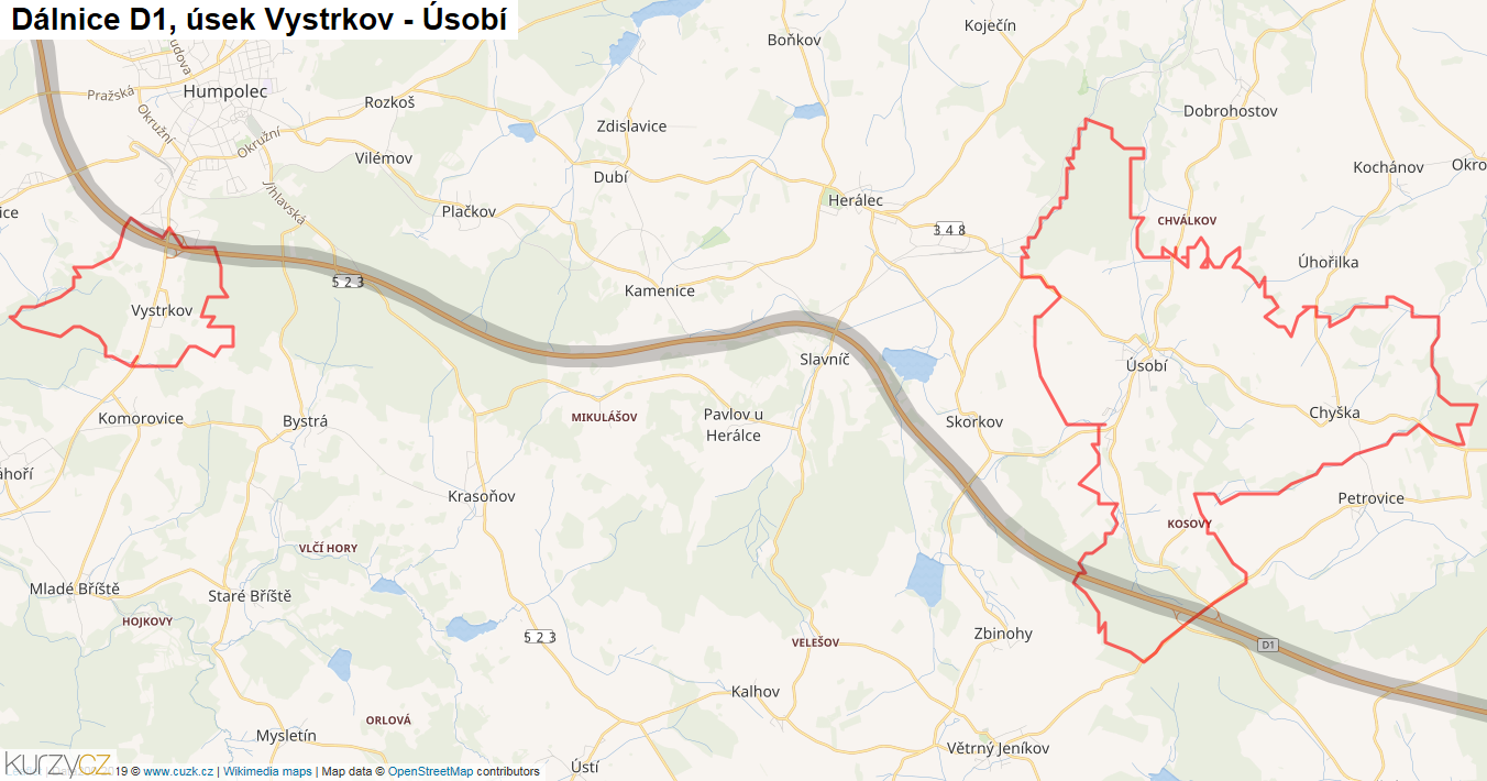 Úsek Vystrkov - Úsobí, Dálnice D1 - Mapa