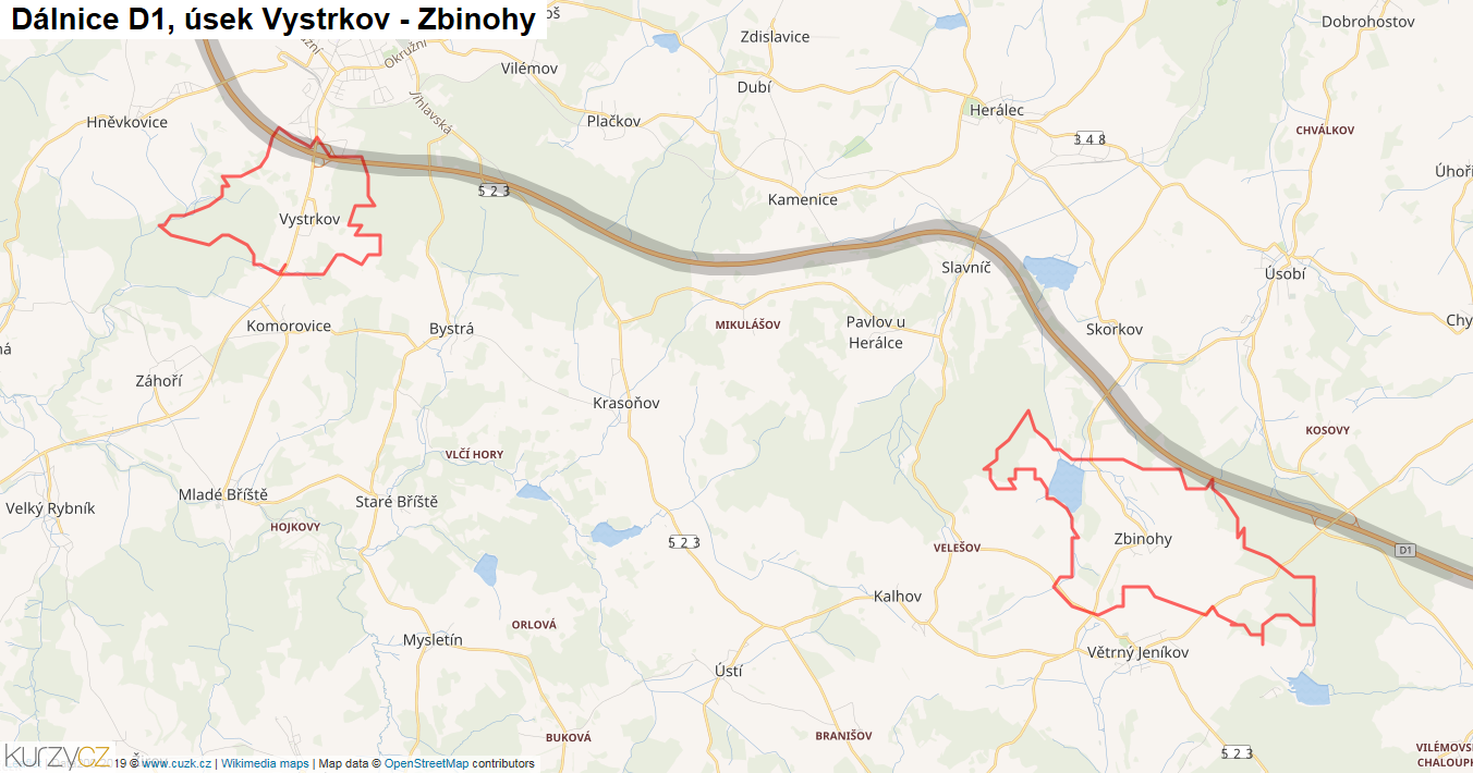 Úsek Vystrkov - Zbinohy, Dálnice D1 - Mapa