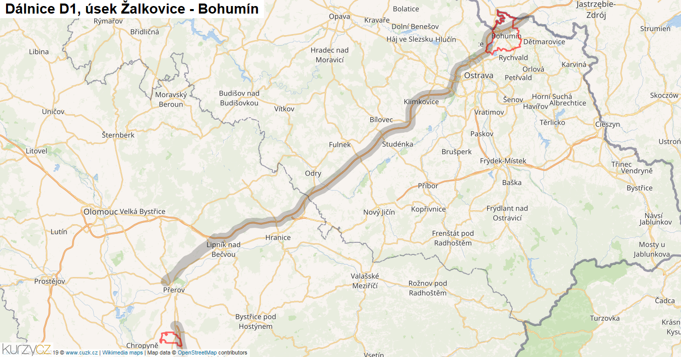 Úsek Žalkovice - Bohumín, Dálnice D1 - Mapa