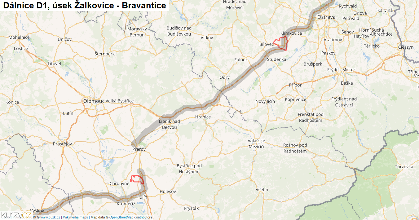 Úsek Žalkovice - Bravantice, Dálnice D1 - Mapa
