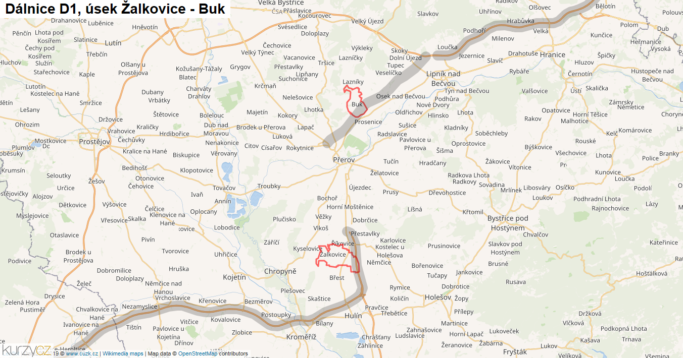 Úsek Žalkovice - Buk, Dálnice D1 - Mapa
