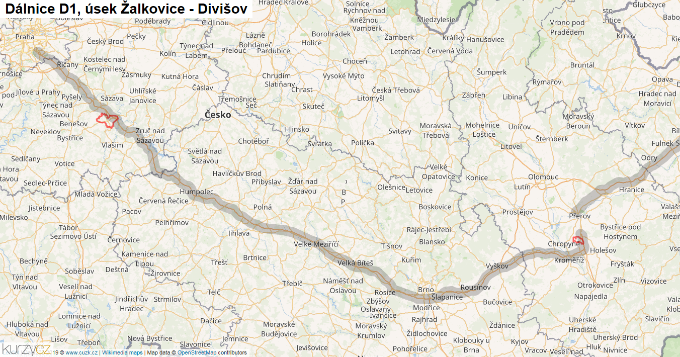 Úsek Žalkovice - Divišov, Dálnice D1 - Mapa