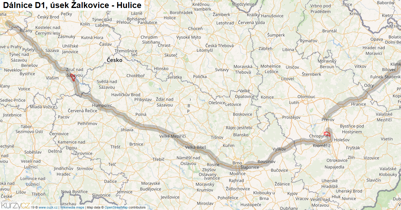 Úsek Žalkovice - Hulice, Dálnice D1 - Mapa