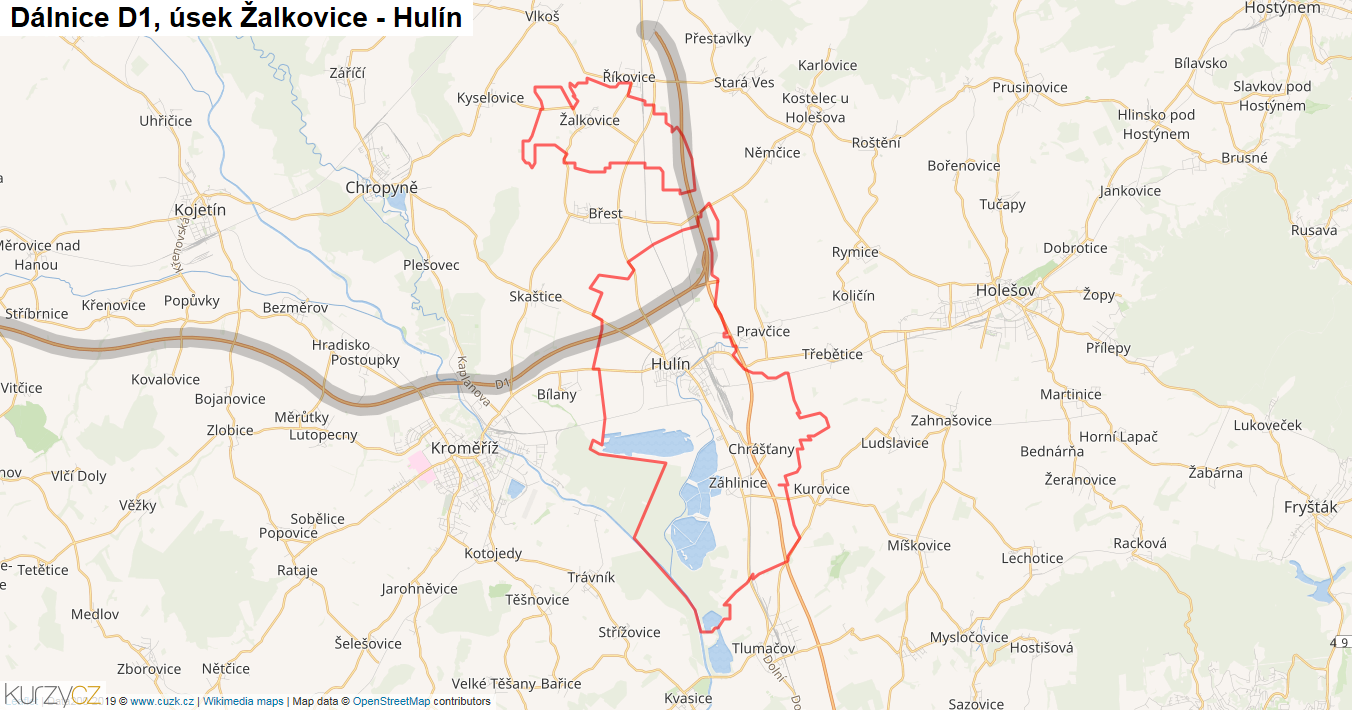 Úsek Žalkovice - Hulín, Dálnice D1 - Mapa