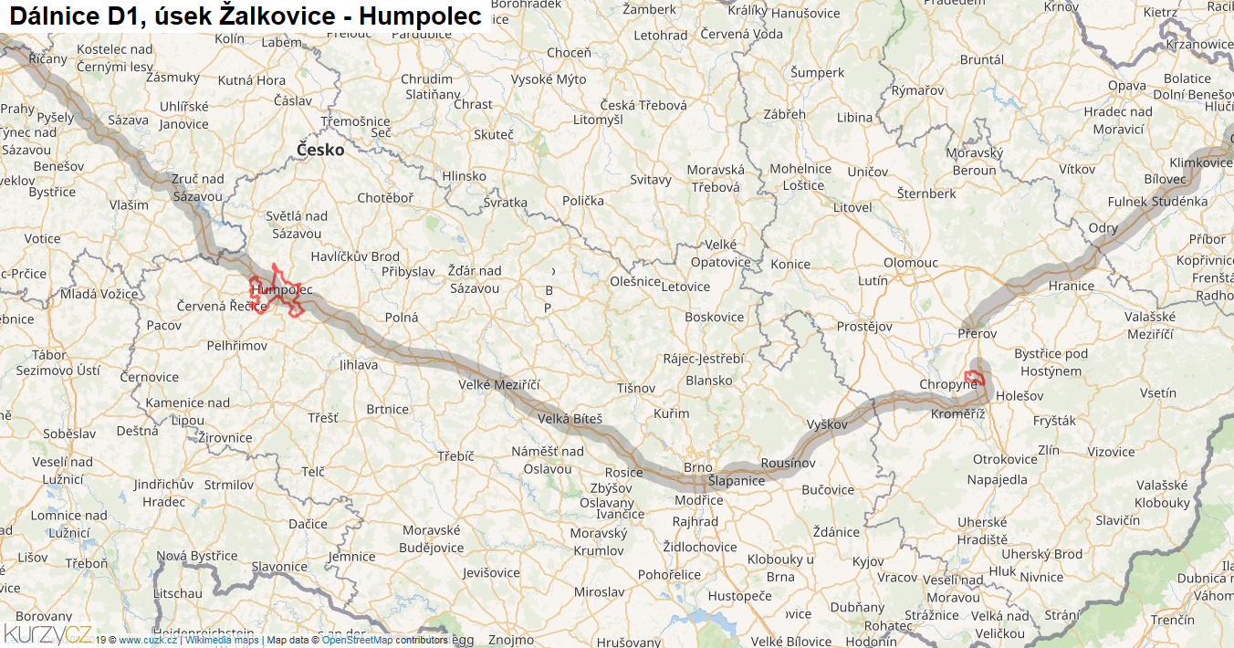 Úsek Žalkovice - Humpolec, Dálnice D1 - Mapa