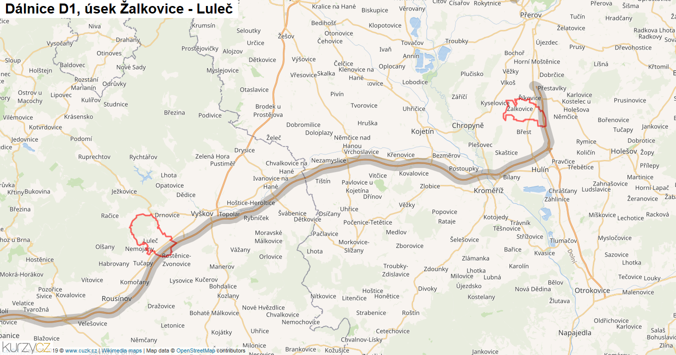 Úsek Žalkovice - Luleč, Dálnice D1 - Mapa