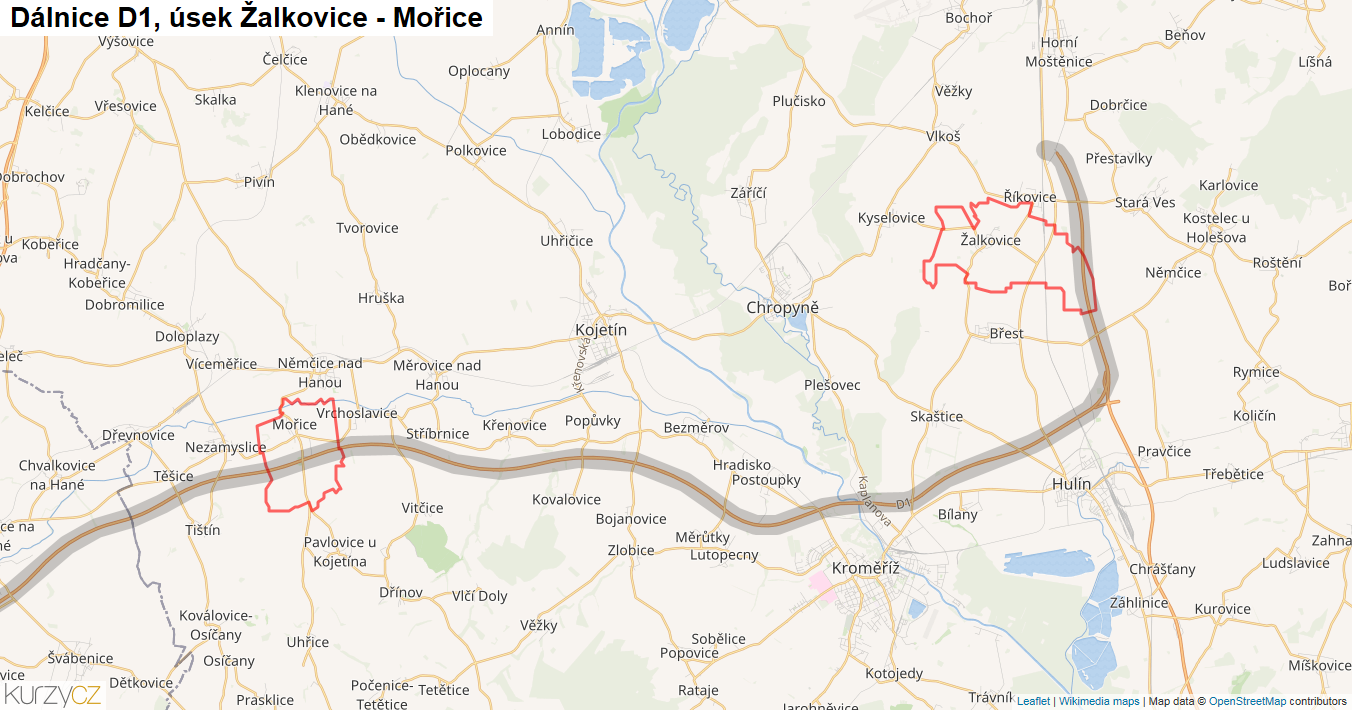 Úsek Žalkovice - Mořice, Dálnice D1 - Mapa