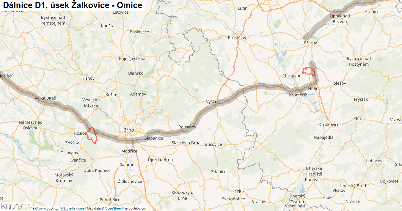 Úsek Žalkovice - Omice, Dálnice D1 - Mapa