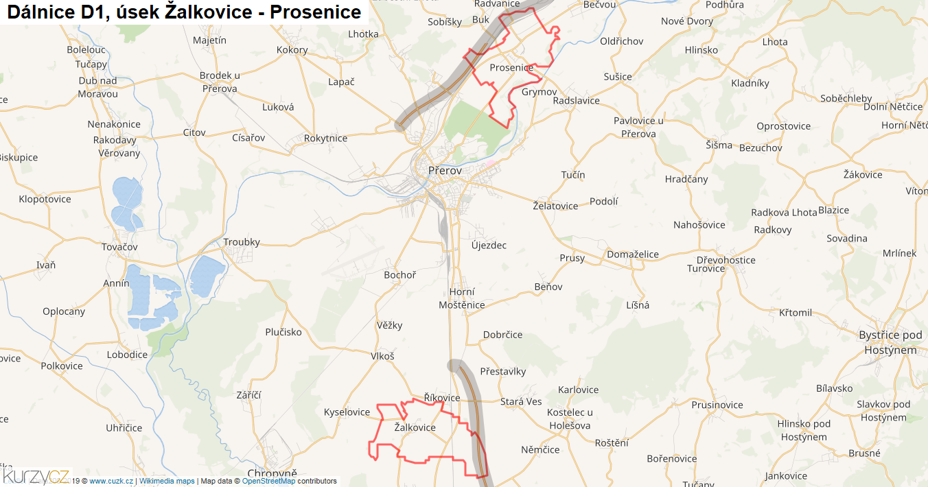 Úsek Žalkovice - Prosenice, Dálnice D1 - Mapa