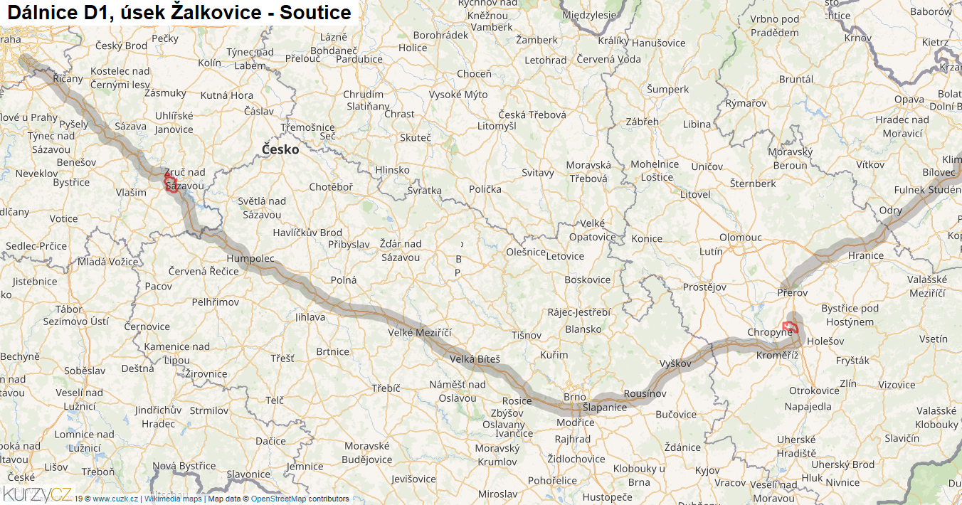 Úsek Žalkovice - Soutice, Dálnice D1 - Mapa