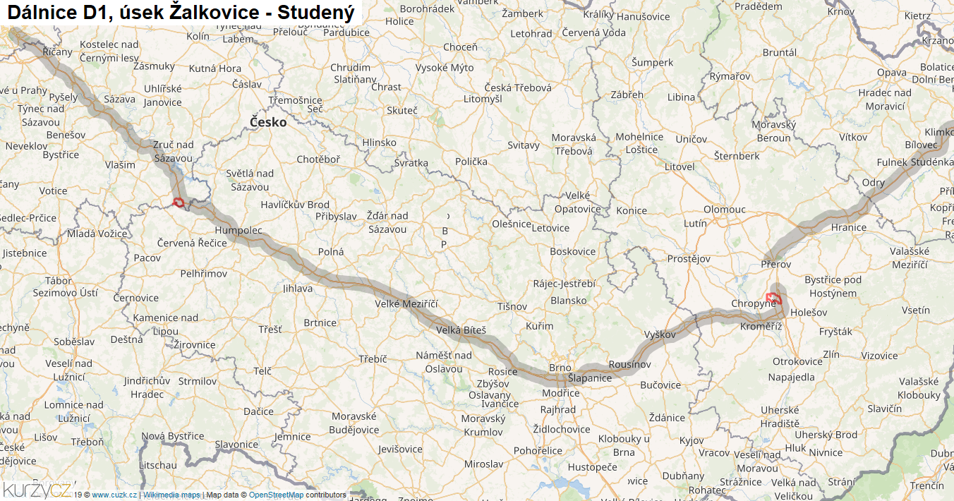 Úsek Žalkovice - Studený, Dálnice D1 - Mapa