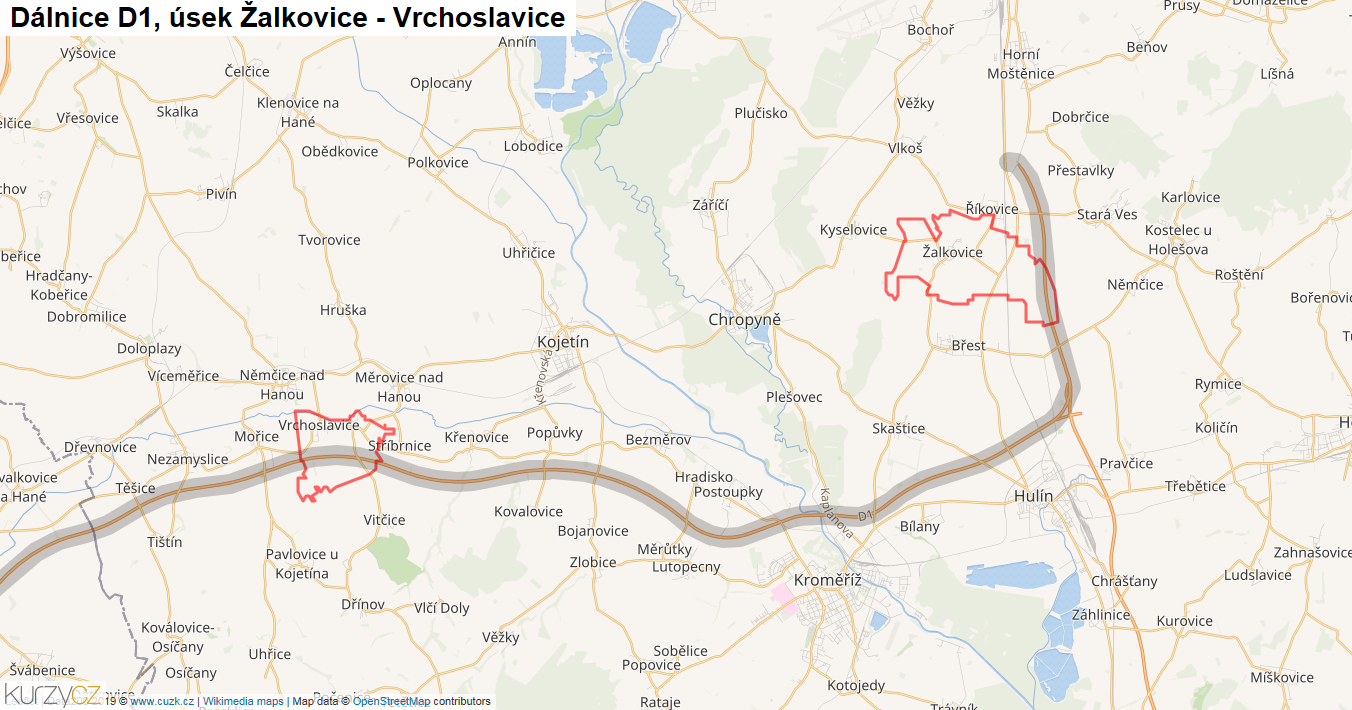 Úsek Žalkovice - Vrchoslavice, Dálnice D1 - Mapa