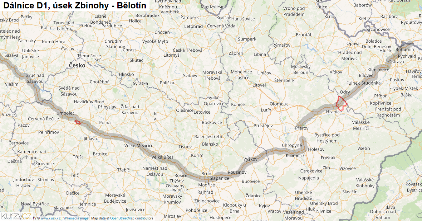Úsek Zbinohy - Bělotín, Dálnice D1 - Mapa