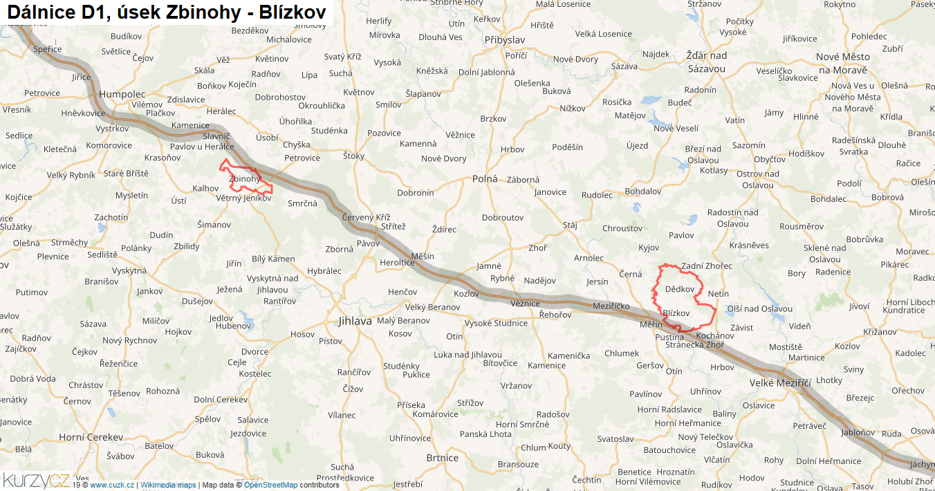 Úsek Zbinohy - Blízkov, Dálnice D1 - Mapa