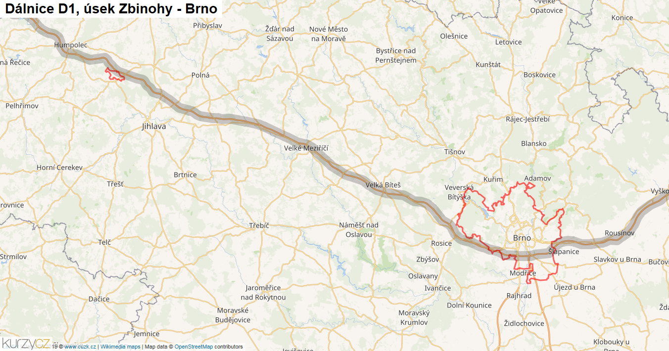 Úsek Zbinohy - Brno, Dálnice D1 - Mapa