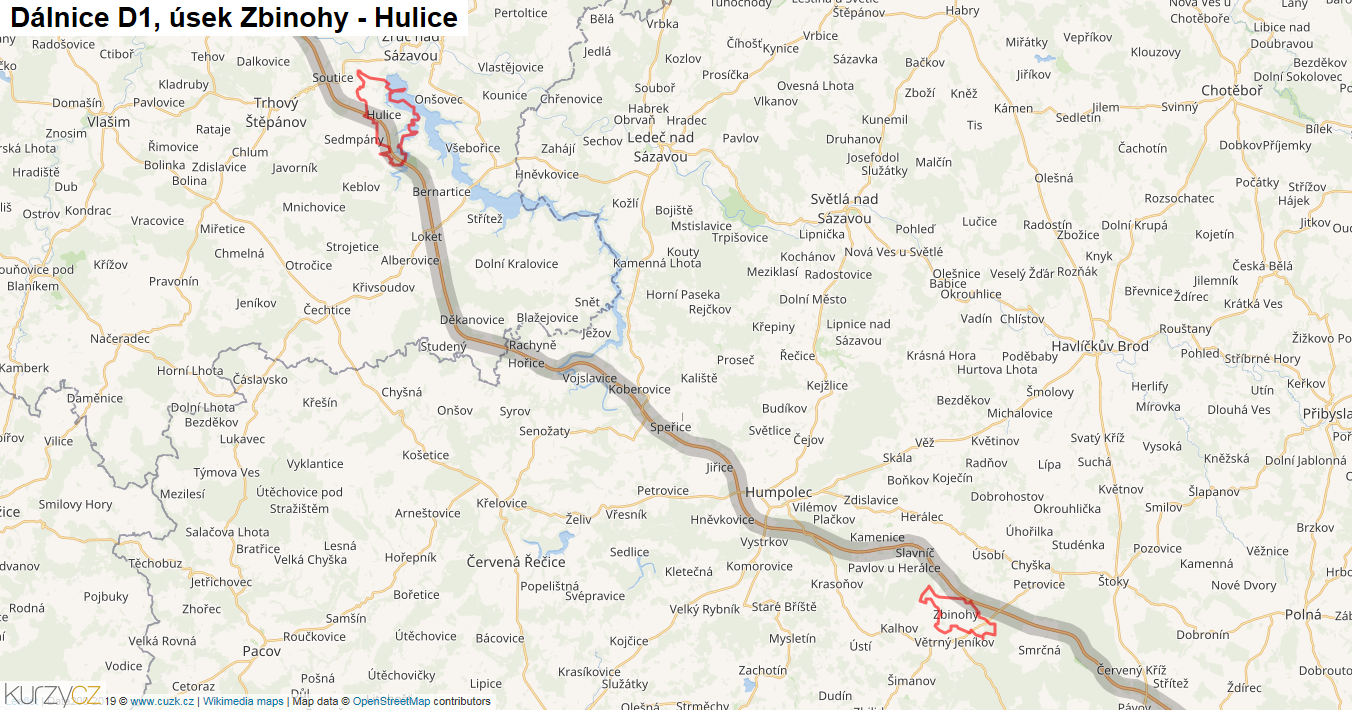 Úsek Zbinohy - Hulice, Dálnice D1 - Mapa