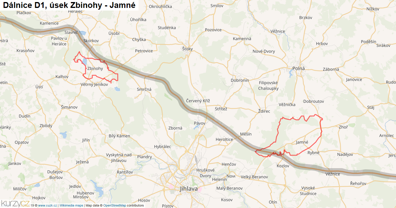 Úsek Zbinohy - Jamné, Dálnice D1 - Mapa