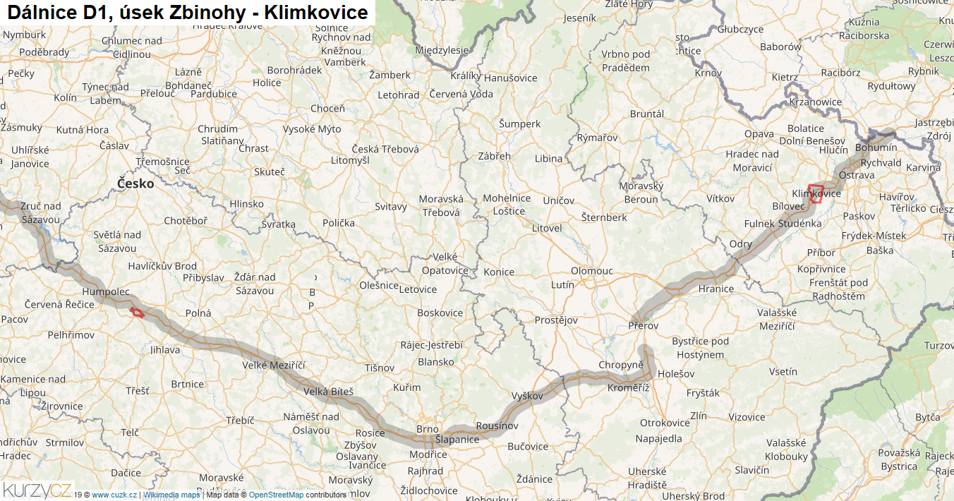 Úsek Zbinohy - Klimkovice, Dálnice D1 - Mapa