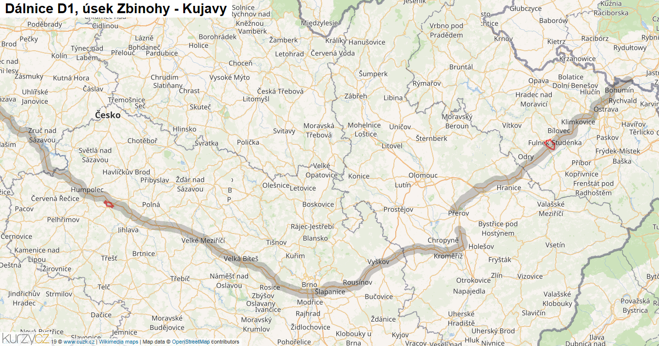 Úsek Zbinohy - Kujavy, Dálnice D1 - Mapa