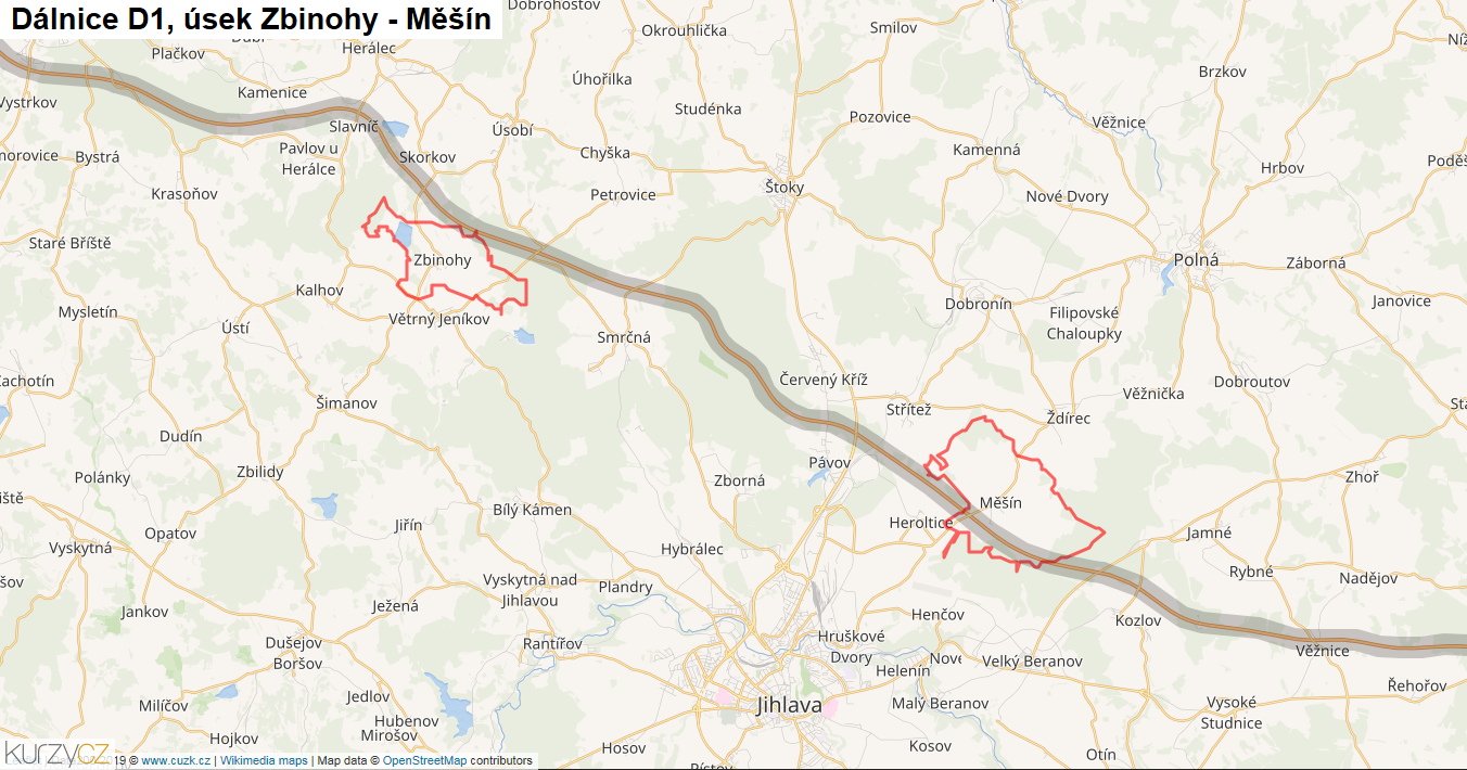 Úsek Zbinohy - Měšín, Dálnice D1 - Mapa