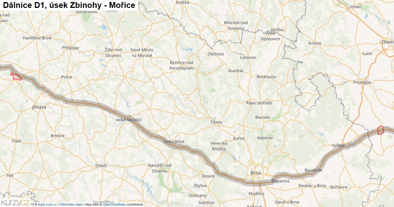 Úsek Zbinohy - Mořice, Dálnice D1 - Mapa