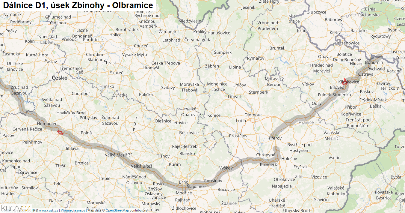 Úsek Zbinohy - Olbramice, Dálnice D1 - Mapa