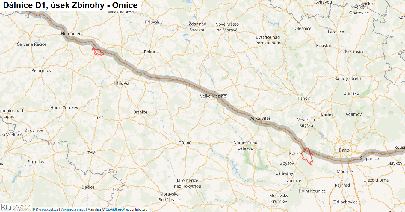 Úsek Zbinohy - Omice, Dálnice D1 - Mapa